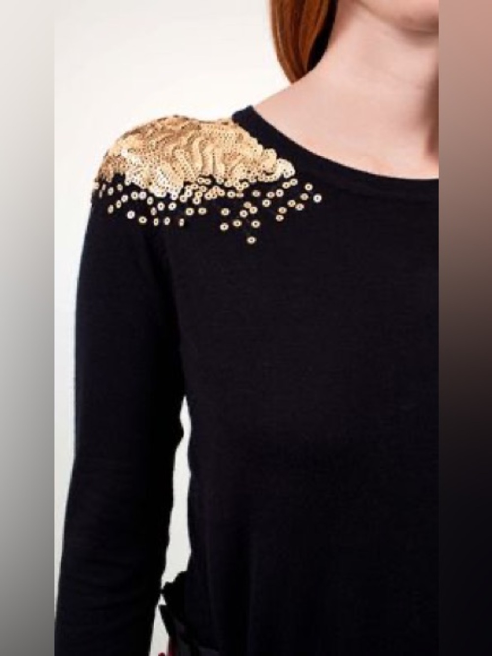 THML Anthropologie Gray Sweater Gold Sequin Shoulders S Party Glam Evening Top